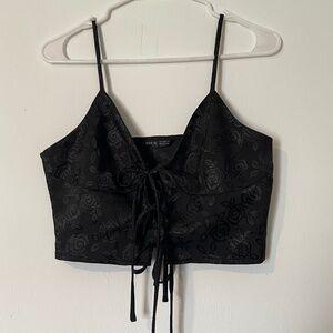 SHEIN Black Rose Jacquard Lace-Up Crop Top Size S